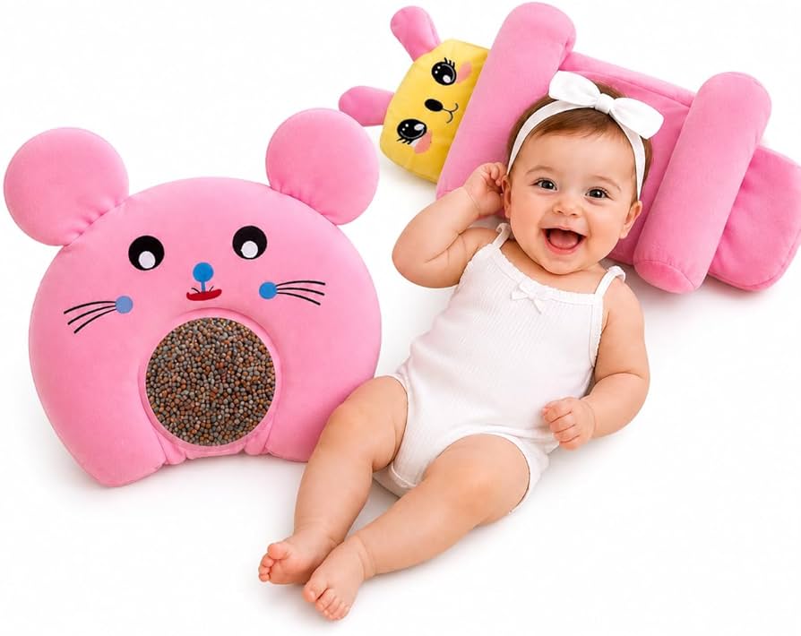 Baby Adjustable Sleeping Pillow Cushion | Newborn Head Support Soft Mattress | Anti-Flat Head Baby Bed (Pink Cartoon Design)